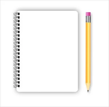 Realistic metal spiral vector blank notebook and pencil isolated on white Stockillustratie