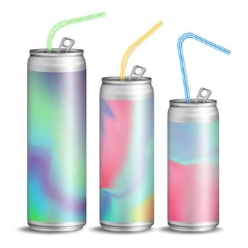 Realistic Metallic Can Vector. Soft Energy Drink. 3D Template Aluminium Cans Stock Illustration