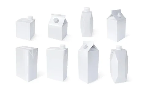 Realistic milk boxes different shapes and sizes vector set, 3D white cardboard イラスト素材