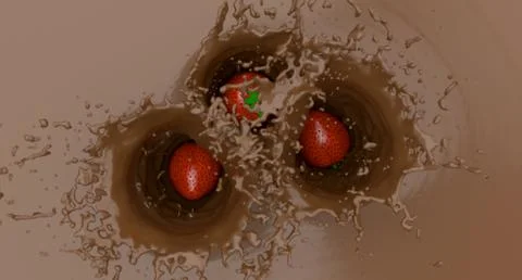Realistic Milk Chocolate  Splash Fresh Strawberries 3d Rendering Stock Illustration