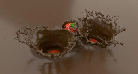 Realistic Milk Chocolate  Splash Fresh Strawberries 3d Rendering Stock Illustration