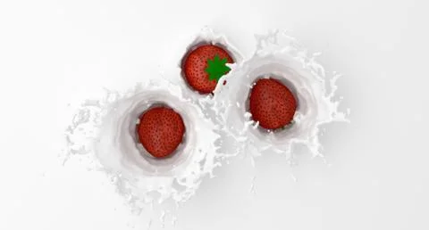 Realistic Milk Splash With Fresh Red Strawberries 3D Rendering Stock Illustration
