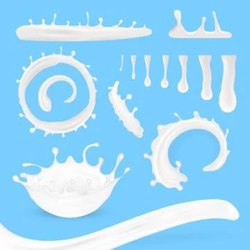 Realistic Milk Splashes, Drops And Swirls Set On Blue Ilustração Stock
