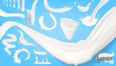 Realistic Milk Splashes, Drops And Swirls Set On Blue 库存插图