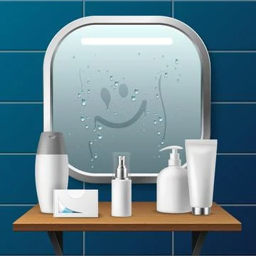 Realistic mirror. Drawn smiley face on condensation, modern bathroom decor in Illustrazione stock