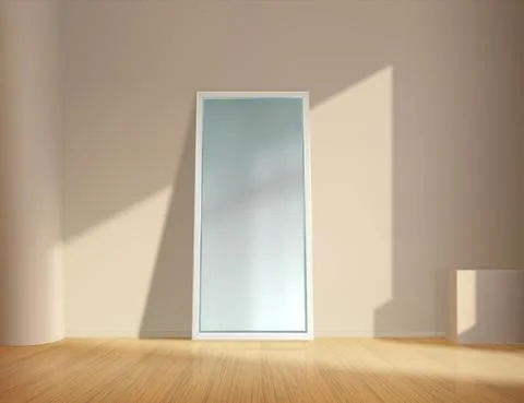 Realistic mirror. Empty room with square reflective glass frame leans on wall Illustrazione stock