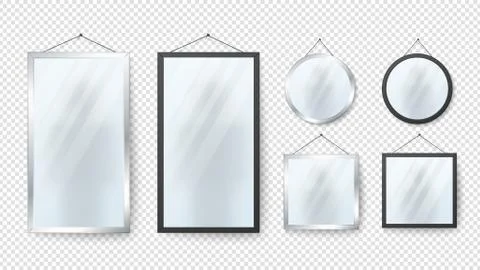 Realistic mirror. Rectangle, round reflection mirrors with metal and black Stock Illustration