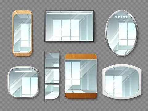 Realistic mirrors. Different shapes isolated reflective glossy glasses in metal Illustrazione stock