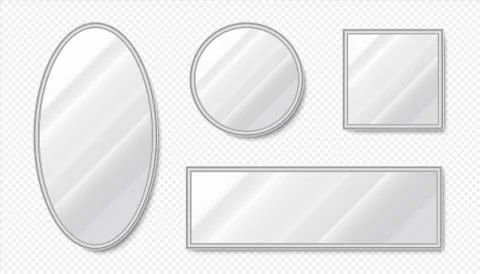 Realistic mirrors. Empty oval and square mirrors with metal frames and light Stock Illustration