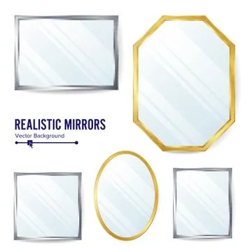 Realistic Mirrors Set Vector. Decoration Mirror With Reflection. Interior Stock Illustration