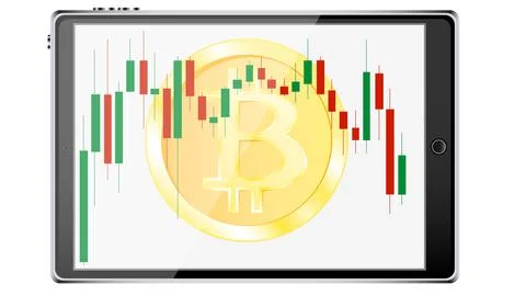 A realistic mobile smart tablet computer with a coin bitcoin, a crypto curren Illustrazione stock