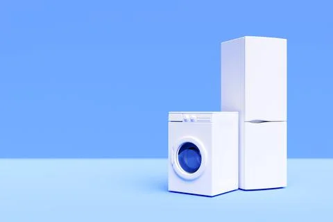 Realistic mock-up of a washing machine and a refrigerator on a blue backgroun Stock Illustration