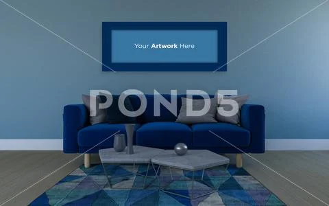 Realistic Mockup of 3D Rendered of Interior of Modern Living Room with Sofa - PSD Template