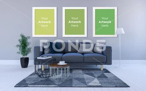 Realistic Mockup of 3D Rendered of Interior of Modern Living Room with Sofa - PSD Template