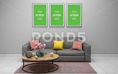 Realistic Mockup of 3D Rendered of Interior of Modern Living Room with Sofa - PSD Template