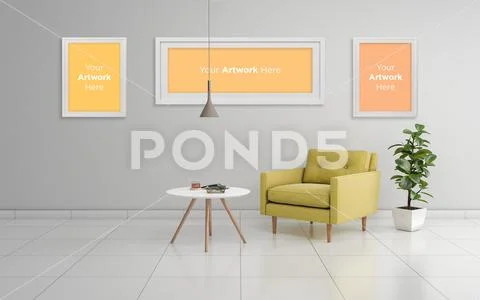 Realistic Mockup of 3D Rendered of Interior of Modern Living Room with Sofa - Modello PSD