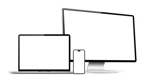 Realistic mockup computer screen, laptop, cellphone 库存插图
