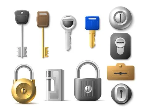 Realistic modern keys. Different locks and padlocks, keyholes, combination lock Stock Illustration