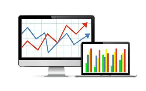 Realistic modern monoblock computer and laptop with graph on screen Stock Illustration