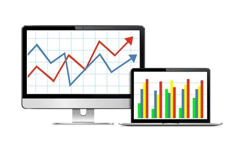 Realistic modern monoblock computer and laptop with graph on screen Illustrazione stock