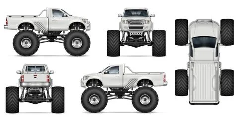 Realistic monster truck vector template side, front, back, top view Stock Illustration