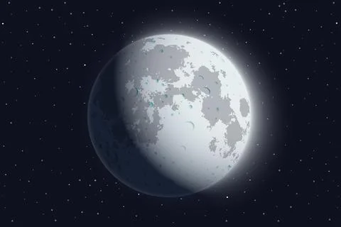 Realistic moon on a dark starry sky background. Moon in a waxing gibbous phase Ilustração Stock