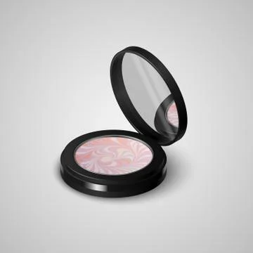 Realistic multicolor compact rouge face in black container with mirror. Vector Stock Illustration