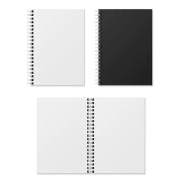 Realistic notebook. Blank open and closed spiral binder notebooks. Paper Stock Illustration