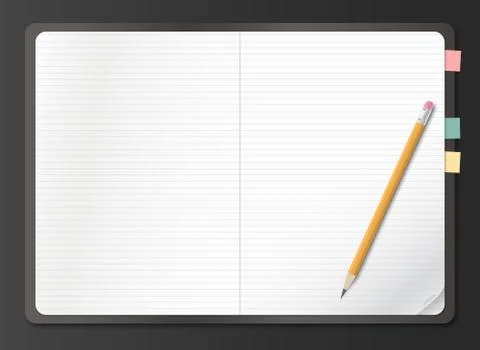 Realistic notebook, earmark lined white paper sheet with pencil on black Stock Illustration
