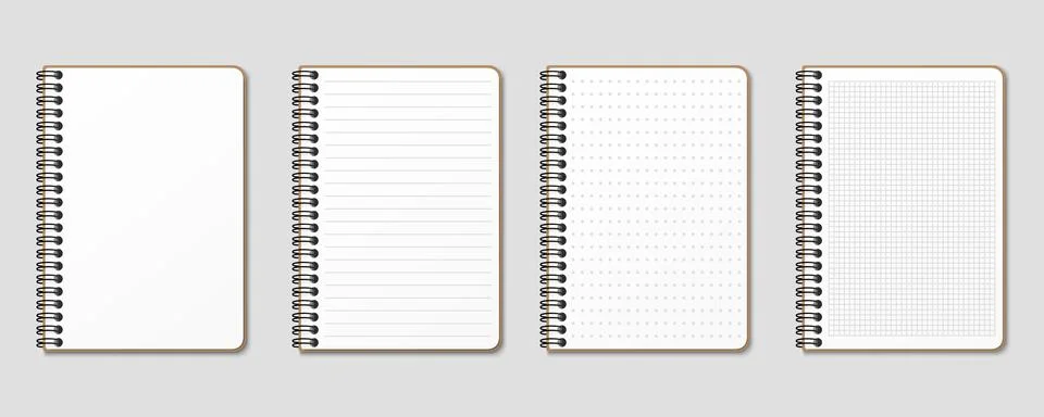 Realistic notepad. Lined, gridded and dotted sheets. Blank sheets of notebook Stock Illustration