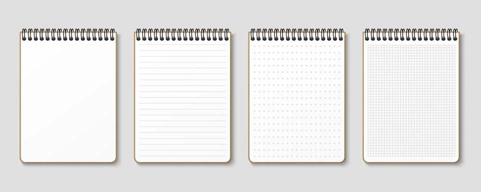 Realistic notepad. Lined, gridded and dotted sheets. Blank sheets of notebook Stock Illustration