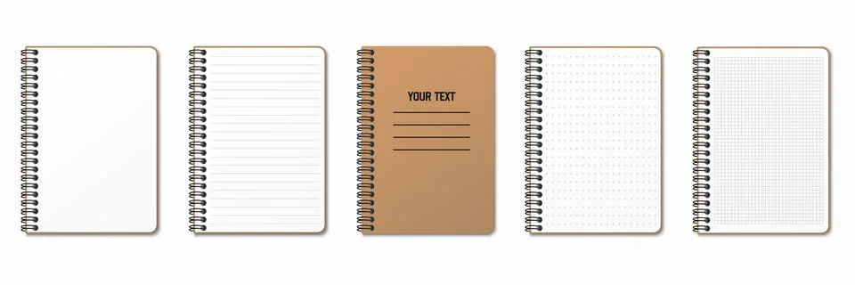 Realistic notepad. Lined, gridded and dotted sheets. Blank sheets of notebook Stock Illustration