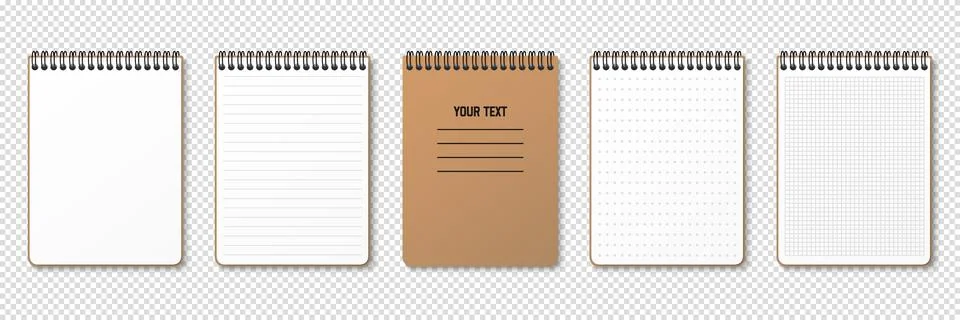 Realistic notepad. Lined, gridded and dotted sheets. Blank sheets of notebook Stock Illustration