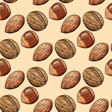 Realistic nut seamless pattern with almond and walnut Illustrazione stock