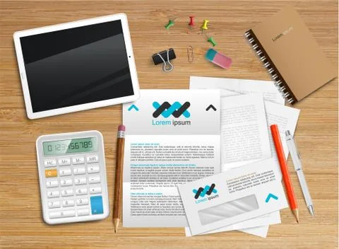 Realistic office desk with different objects, vector illustration Stock Illustration