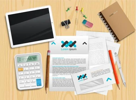 Realistic office desk with different objects, vector illustration Stock Illustration