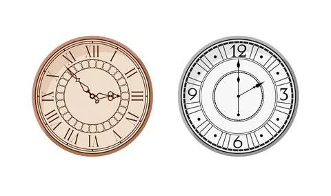 Realistic old clock template. Classic antique round dial design Stock Illustration