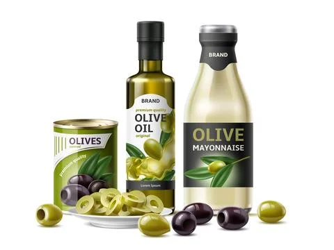 Realistic olive products composition. Cut and whole vegetables, pickled, butter Stock Illustration