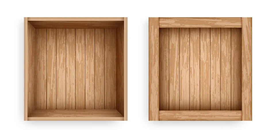 Realistic open and closed boxes of old planks. Wooden crates for storage Stock Illustration