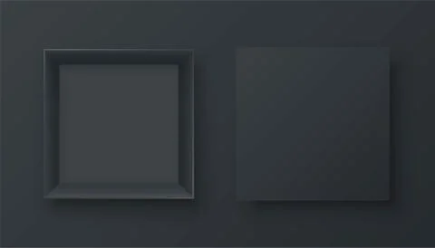 Realistic open empty gift box two view. Paper square cardboard black container Stock Illustration