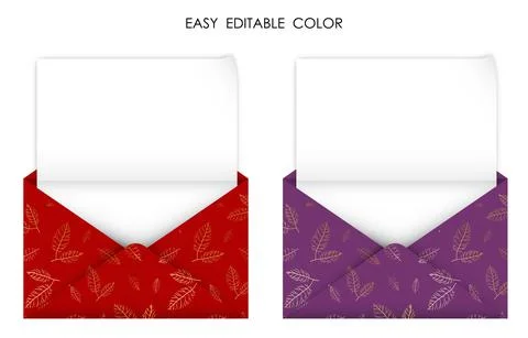 Realistic open gold red envelope with blank sheet of paper inside. Detailed c Illustrazione stock