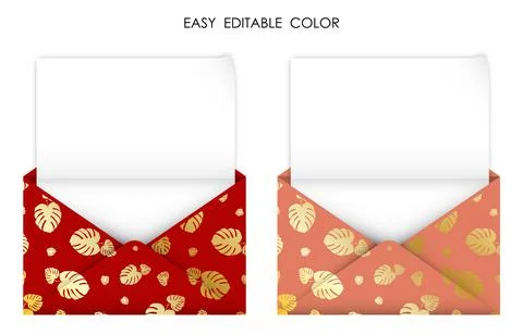 Realistic open gold red envelope with blank sheet of paper inside. Detailed c Illustrazione stock