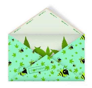 Realistic open mail envelope with hemp leaves inside. Pattern of leaves 스톡 일러스트