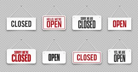 Realistic open or closed hanging signboards. Vintage door sign for cafe Illustrazione stock