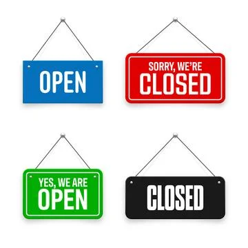 Realistic open or closed hanging signboards. Vintage door sign for cafe Stock Illustration