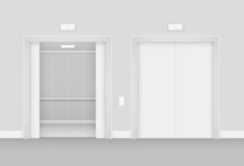 Realistic opened and empty elevator in hall interior vector illustration. Stock Illustration