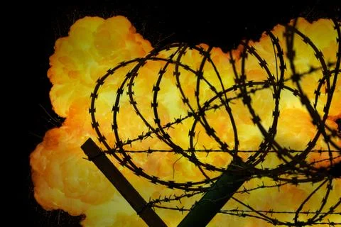 Realistic orange fire explosion behind restricted area Stock Photos