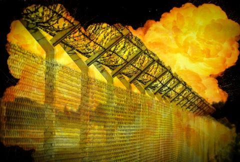 Realistic orange fire explosion behind restricted area Stock Photos