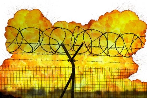 Realistic orange fire explosion behind restricted area barbed wire fence isol Stock Photos