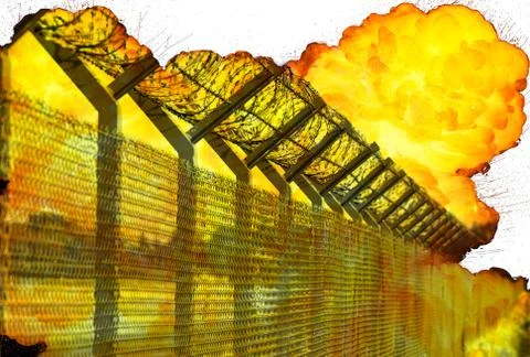 Realistic orange fire explosion behind restricted area barbed wire fence isol Stock Photos